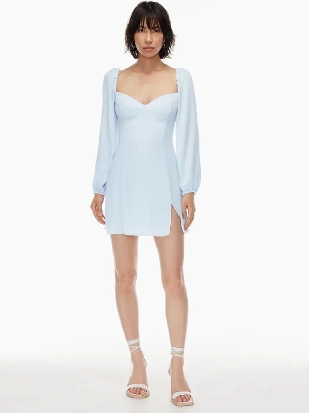 WILFRED Novella Satin Puff-Sleeve Sweetheart Neck Light Blue Mini Dress Size 14